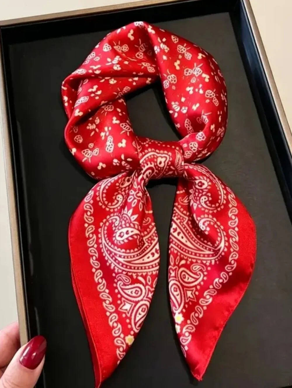 Silk-feel Red Paisley  - Women  Head Scarf , Neck Scarf